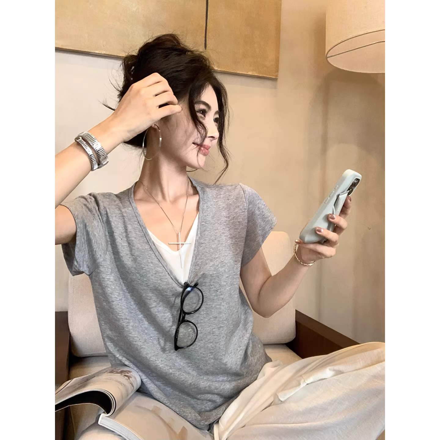 假两件V领短袖T恤女2026新款夏季胖mm大尺码宽松慵懒松弛感穿